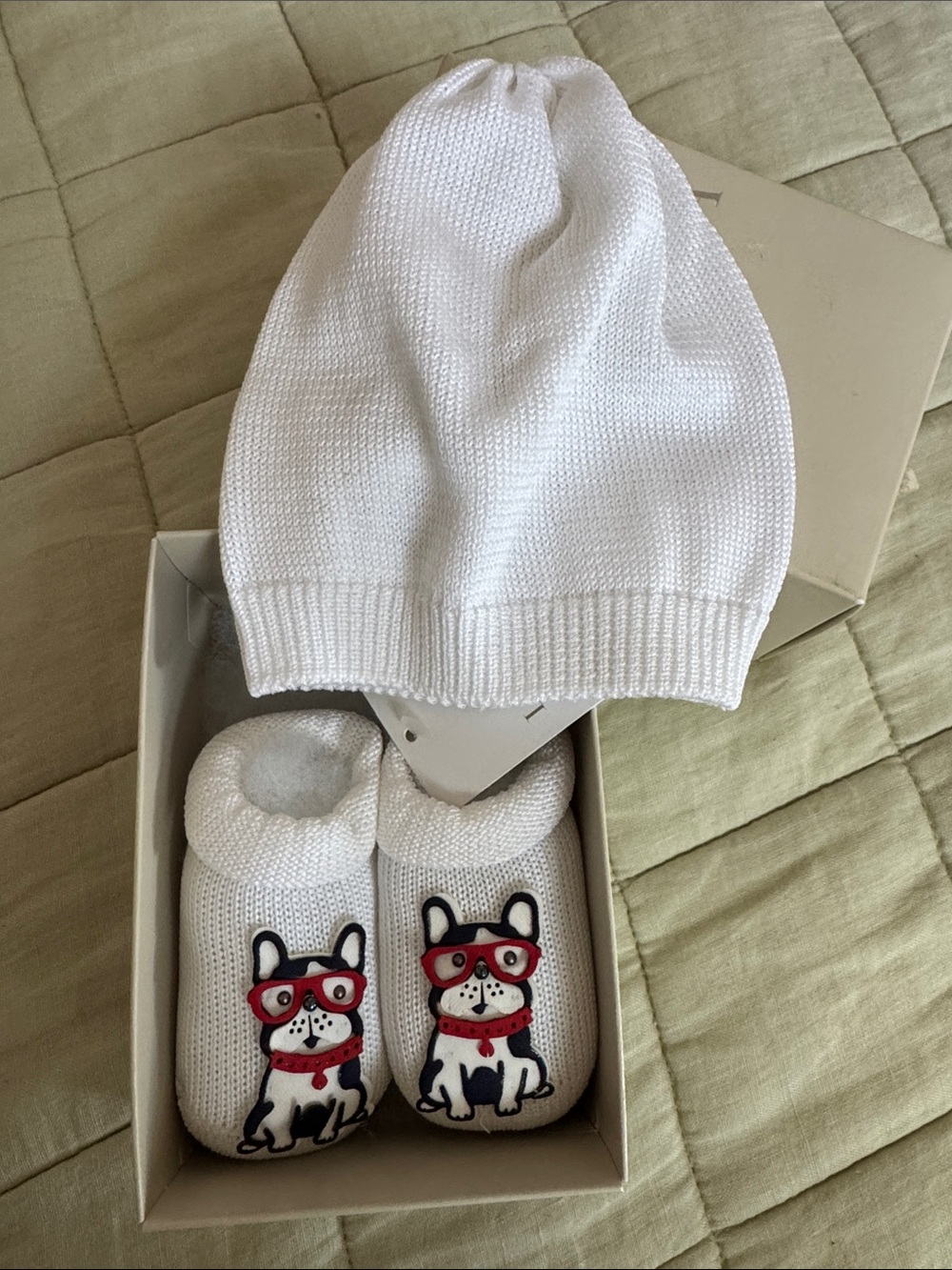 La Perla White Baby Knit Hat and Dog Slipper Booties Set